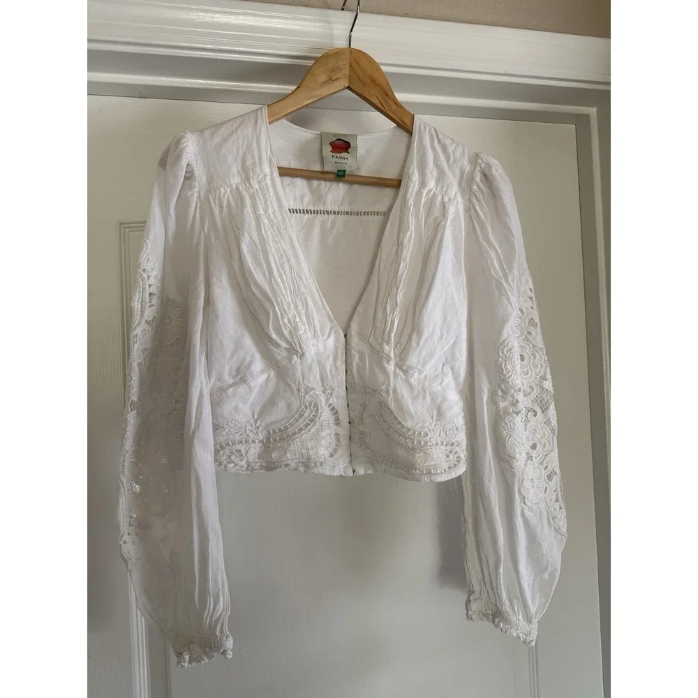 Farm Rio White Cotton Lace Long Sleeve Boho Crop Top XS